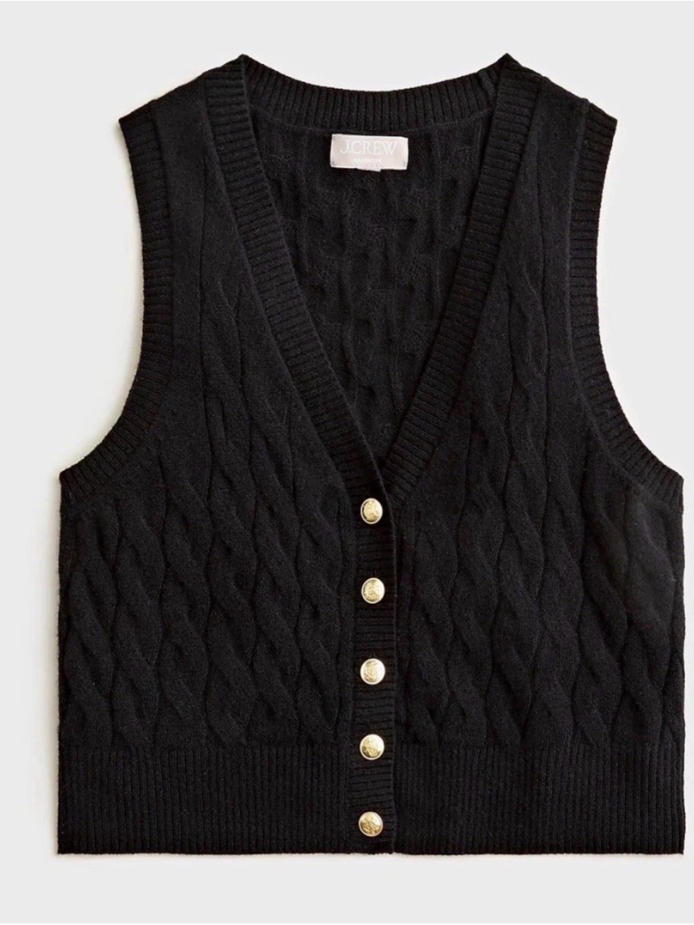 NWT J. Black Cashmere V-Neck Sweater Vest with Gold Buttons